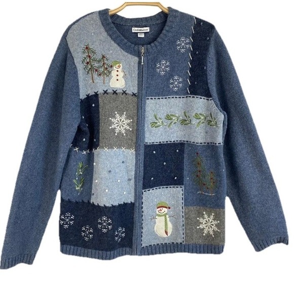 Croft & Barrow 3X Knit Zipper Sweater Cardigan Christmas Blue Snowflake Snowman - Picture 2 of 16